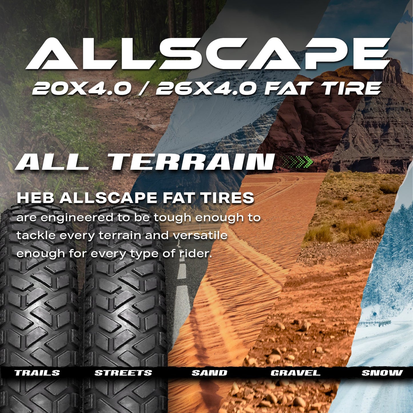 HEB ALLSCAPE® Fat Tire SET of 2 Tires and 2 Tubes 26" x 4" for Ebikes