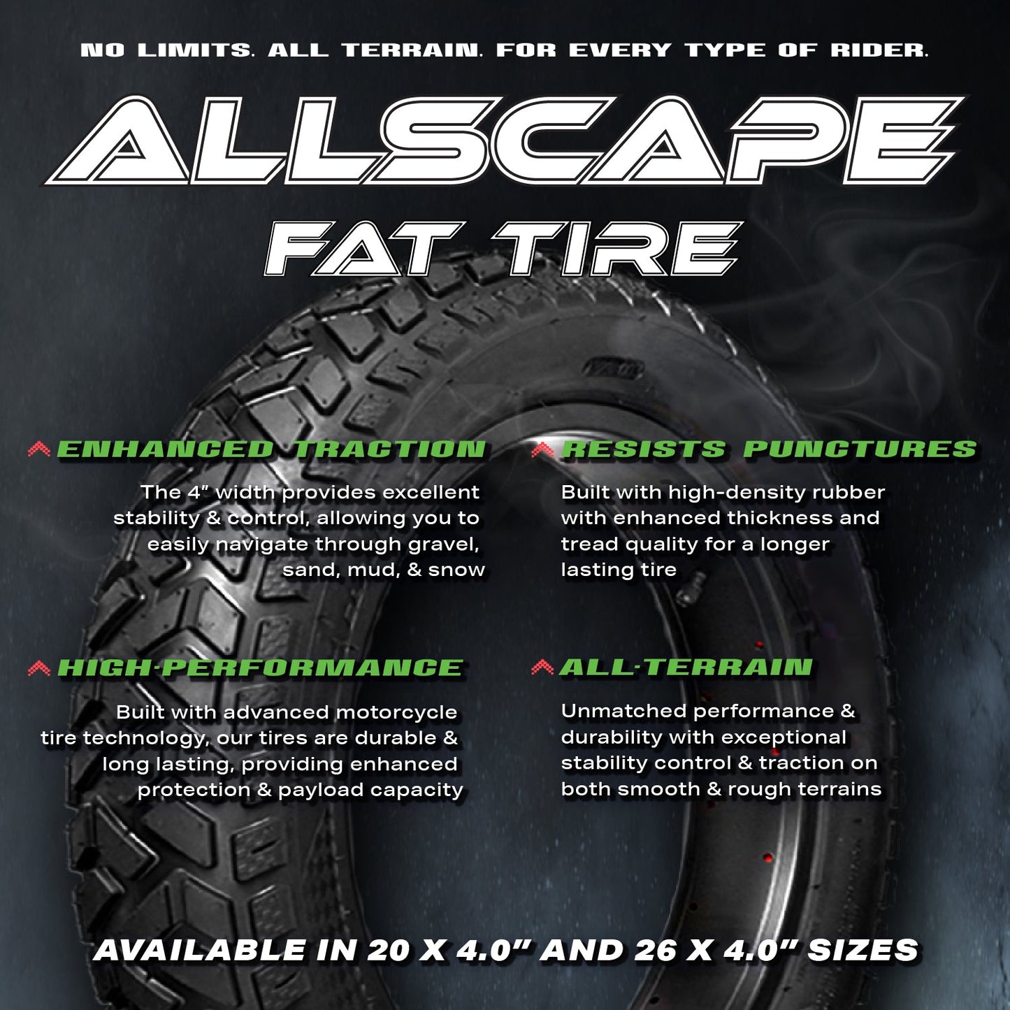 HEB ALLSCAPE® Fat Tire SET of 2 Tires and 2 Tubes 26" x 4" for Ebikes